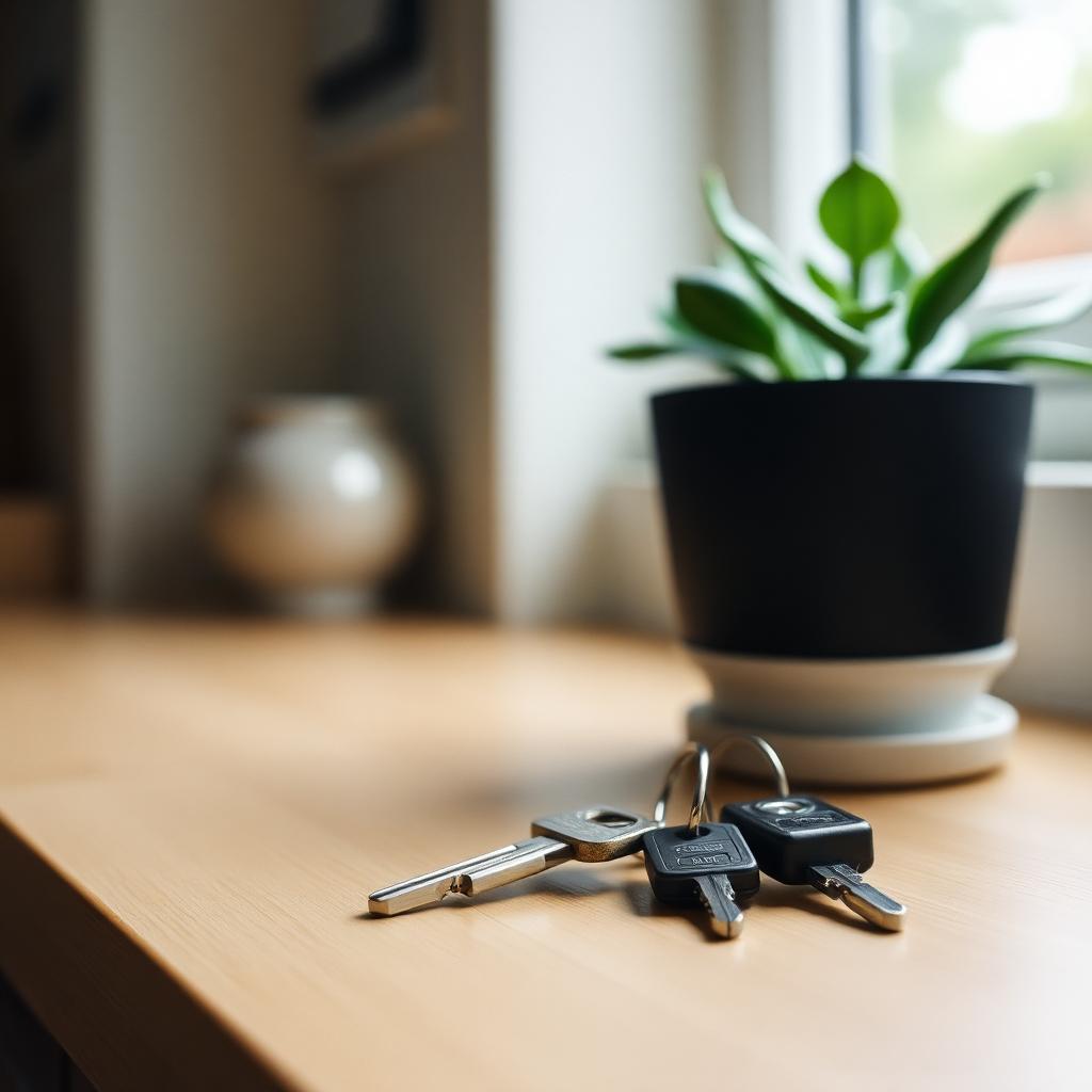 Keys resting on a light-oak countertop beside a small potted plant in soft window light