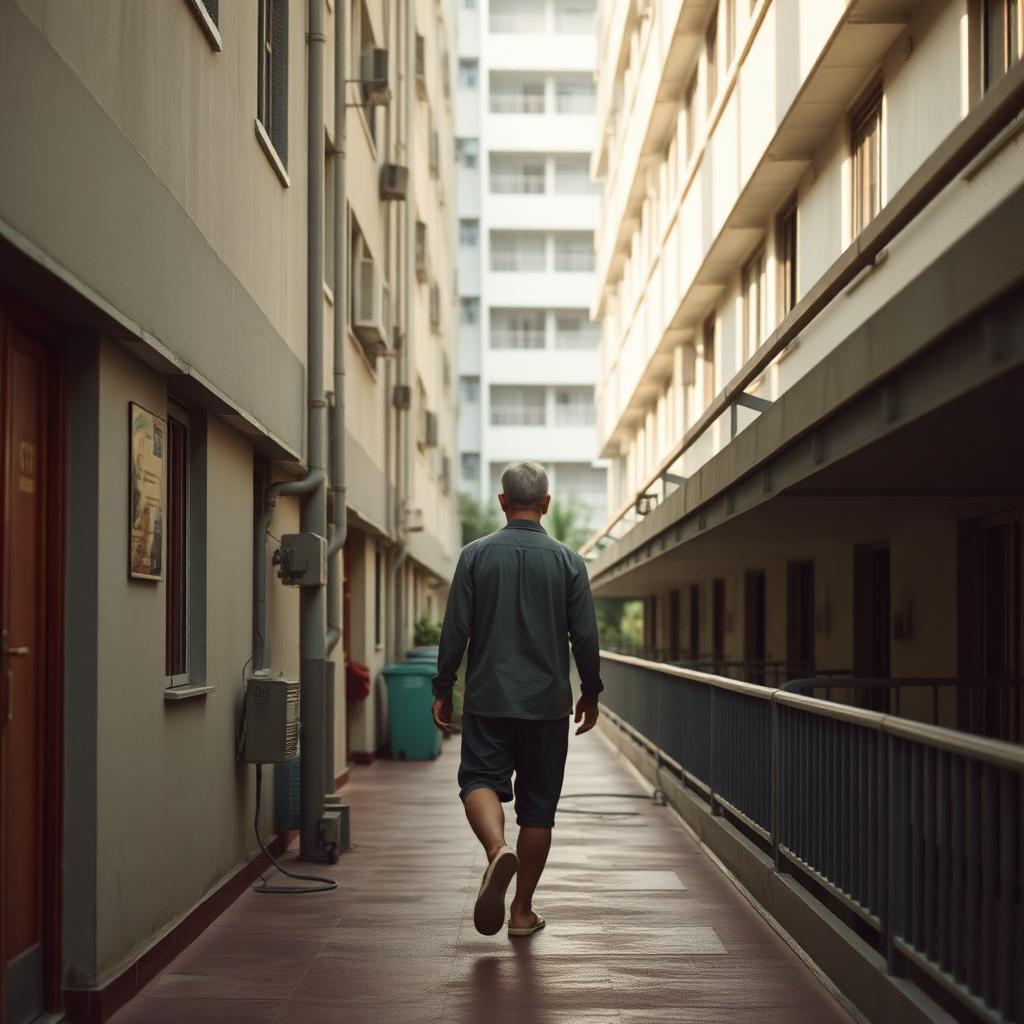 A homeowner walking a Singapore HDB void-deck corridor in soft morning light