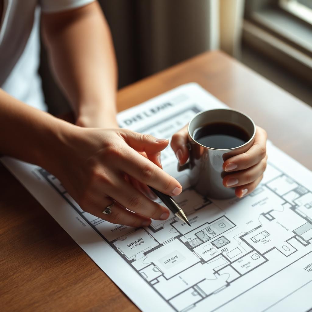 Hands over a printed HDB floor plan on a wooden table with a pen and a cup of tea